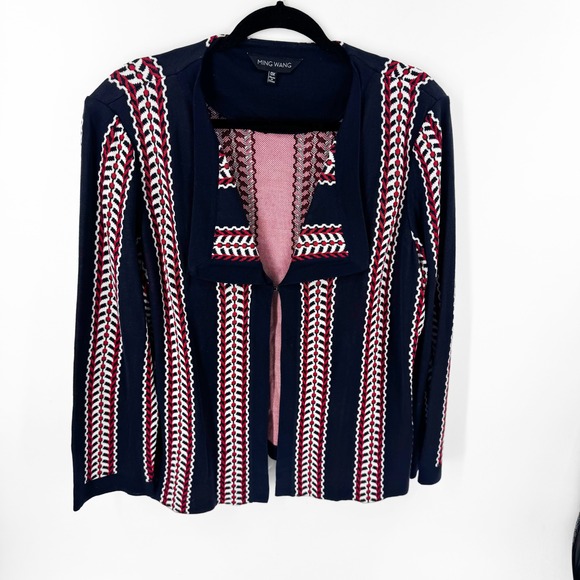 Ming Wang Sweaters - Ming Wang Womens 0X Navy Blue Red White Geometric Stripe Knit Jacket Cardigan